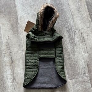 Eddie Bauer Olive Green Dog Jacket with Faux Fur Trim